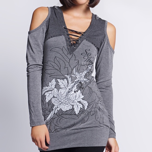 💥HOT ITEM💥 Gray Tena Hooded Cutout Dress Top - Picture 3 of 3